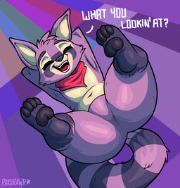 anthro big_tail black_pawpads crotch_shot dialogue eyes_closed featureless_crotch feet kerchief kerchief_only male mostly_nude null open_mouth pawpads paws soles solo spread_legs spreading tail teasing text thick_thighs wide_hips rakurawr indigo_park rambley_raccoon mammal procyonid raccoon hi_res signature