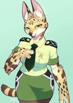 anthro black_lips bottomwear clothed_female clothing epaulet female green_eyes inner_ear_fluff lips looking_at_viewer necktie skirt smile solo tuft uniform whiskers white_whiskers powree felid feline mammal serval 2025 digital_media_(artwork) hi_res