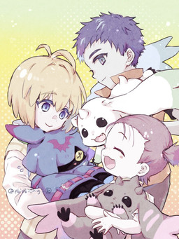 anthro beady_eyes black_body black_fur blonde_hair blue_eyes brown_body brown_fur female fur group hair horn hug long_ears male smile white_body white_fur wings yellow_eyes young ebiebionigiri bandai_namco digimon digimon_beatbreak henry_wong makoto_kuonji suzie_wong chiropmon digimon_(species) human lopmon mammal terriermon crossover