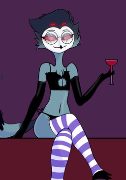anthro bedroom black_clothing black_underwear clothing femboy footwear fur grey_body grey_fur grey_hair hair latex looking_at_viewer male navel red_eyes smile socks solo topwear underwear ivolflobogris hellaverse helluva_boss stolas_(helluva_boss) avian bird demon owl owl_demon absurd_res hi_res