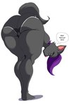 anthro bent_over big_butt black_bottomwear black_clothing black_shorts bottomwear butt cheek_tuft clothed clothing dialogue ear_piercing ear_ring eyelashes facial_tuft female fur grey_body grey_eyes grey_fur hair huge_butt looking_at_viewer looking_back looking_back_at_viewer piercing purple_hair rear_view ring_piercing shorts solo speech_bubble talking_to_viewer text thick_thighs topless tuft wide_hips alviriaart domestic_cat felid feline felis mammal hi_res