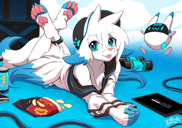 4_toes 5_fingers ambiguous_gender anklet anthro barefoot blep blue_body blue_eyes blue_fur cable chip_bag chips_(food) claws clothed clothing cloud feet fingers fluffy_paws food fur hat headgear headwear jacket jewelry lying machine on_front pawpads paws pink_nose pink_pawpads plantigrade soles solo tablet_computer toes tongue tongue_out topwear white_body white_fur penguinexperience aiden_(penguinexperience) canid canine canis domestic_dog mammal robot