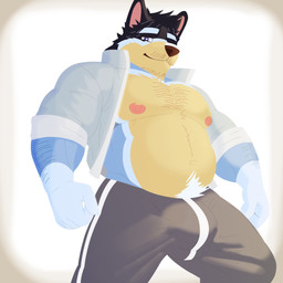 anthro arm_hair australian barazoku beard big_bulge blue_body blue_fur body_hair bottomwear bulge chest_hair clothed clothing detailed_bulge facial_hair fur hair hairy jacket male mature_male musclegut muscular muscular_anthro muscular_male nipples open_clothing open_jacket open_topwear overweight overweight_male pants pecs pose pubes slightly_chubby smile snout solo sweatpants topwear yellow_body yellow_fur vasgore bluey_(series) bandit_heeler australian_cattle_dog canid canine canis cattledog domestic_dog herding_dog mammal pastoral_dog 1:1 hi_res
