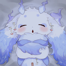bed blue_body blue_fire blue_fur blue_nose blush blush_lines bodily_fluids censored_genitalia censored_vulva colored_fire duo eyes_closed female fire fur furniture genital_fluids genitals heart_symbol on_bed open_mouth semi-anthro sleep_molestation sleeping solo_focus text vaginal_fluid_string vaginal_fluids vaginal_fluids_on_hand vulva white_body white_fur yaei_(artist) nijisanji vtuber lunlun_(nijisanji) human mammal unknown_species 1:1 2026 absurd_res censored hi_res japanese_text
