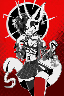 ankh anthro belt black_bottomwear black_bra black_clothing black_legwear black_nose black_sclera black_skirt black_stockings black_underwear bottomwear bra breasts clothed clothed_anthro clothed_female clothing collar ear_piercing eye_of_horus eyeliner fangs faravahar female female_anthro grey_clothing grey_jacket grey_topwear holding_amulet horn jacket jewelry legwear leviathan_cross makeup medium_breasts mjolnir_necklace navel_eye occult_symbol pendant piercing pleated_skirt red_background red_clothing red_legwear red_stockings sidecut sigil simple_background skirt smile smiling_at_viewer solo spiked_collar spikes stockings straps straps_across_chest symbol tail tail_mouth teeth tongue tongue_out topwear underwear unusual_anatomy unusual_tail gatonejo antelope bovid caprine caprine_demon demon domestic_cat felid feline felis hybrid mammal 2026 2:3 digital_drawing_(artwork) digital_media_(artwork) hi_res red_theme
