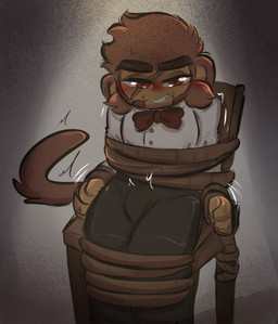 anthro arms_tied bdsm blush bodily_fluids bondage bound bow_tie bulge chair chair_bondage cheek_tuft facial_scar facial_tuft furniture interrogation kinked_tail legs_tied male nervous nervous_sweat scar solo sweat sweatdrop tuft turned_on conditional_dnp tuvandalist bloons_tower_defense ninja_kiwi agent_jericho haplorhine mammal monkey primate hi_res