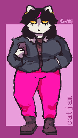 anthro black_hair boots bottomwear clothed clothed_anthro clothed_female clothing electronics female female_anthro footwear fur hair hand_in_pocket jacket pants phone pockets shoes solo topwear white_body white_fur catjamn deltarune undertale_(series) catti_cattenheimer felid feline mammal 2022 aliasing digital_media_(artwork)