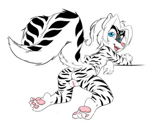 anthro blue_eyes butt curling_toes fangs feet female flat_chested genitals hair kneeling loli nude open_mouth pawpads raised_tail solo striped_body stripes tail teeth vulva white_hair young young_female shigoto zig_zag mammal mephitid skunk hi_res
