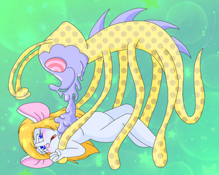 ambiguous_gender antennae_(anatomy) anthro blonde_hair blue_eyes blush breasts cosmic_background duo female female/ambiguous feral fur green_background hair long_legs lying markings nude nude_female on_back on_top open_mouth pink_nose simple_background slime spines spiral spiral_eyes spots spotted_body star starry_background tail white_body white_fur yellow_body young young_female saltypupcake mammal mouse murid murine rodent 2026 5:4 digital_media_(artwork) hi_res