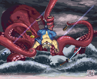 anthro asian_clothing blue_clothing blue_kimono captured clothing cloud dropping_object east_asian_clothing fight fundoshi japanese_clothing kimono male melee_weapon nipples sea sprite_art sword tentacles tentacles_on_male underwear upside_down water weapon wide_eyed yellow_eyes nanadragon4 lifewonders tokyo_afterschool_summoners moritaka_(tas) aquatic canid canine canis cephalopod coleoid domestic_dog mammal mollusk octopodiform octopus 2022 digital_media_(artwork) pixel_(artwork)