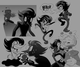 belt bodily_fluids bottomwear clothed clothing duo electronics for_a_head gloves hair handwear male not_furry open_mouth screen screen_face simple_background smile sweat teeth television text toony roachgore deltarune undertale_(series) spamton_g._spamton tenna_(deltarune) addison_(deltarune) darkner humanoid object_head screen_head tv_head digital_media_(artwork) hi_res monochrome