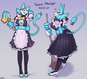 4_fingers alternate_costume anthro biped blue_hair blush broom cleaning_tool clothing cord_tail electrical_plug female fingers floating_hands front_view gradient_background hair heart_symbol holding_object machine maid_uniform rear_view simple_background snout solo sparkles standing text three-quarter_view uniform yellow_eyes sususuigi deltarune undertale_(series) tasque_manager darkner domestic_cat felid feline felis mammal robot 2021 character_name digital_media_(artwork) full-length_portrait hi_res multiple_images portrait shaded signature