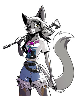 anthro black_nose bottomwear choker clothed clothed_anthro clothed_female clothing denim denim_bottomwear denim_clothing denim_shorts ear_piercing ear_ring female female_anthro fur grey_body grey_fur grey_hair gun hair heterochromia jewelry necklace piercing ranged_weapon ring_piercing shirt shorts simple_background slim slim_anthro slim_female solo t-shirt topwear weapon white_background gatonejo epic_games fortnite wolfie_(fortnite) canid canine canis mammal wolf 2025 absurd_res hi_res