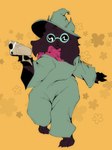 ambiguous_gender anthro clothed clothing eyewear fur glasses gun hat headgear headwear horn looking_at_viewer pose ranged_weapon scarf simple_background solo standing text weapon smokedsoul35 deltarune ralsei_with_a_gun undertale_(series) ralsei bovid caprine goat mammal 3:4 digital_media_(artwork) english_text hi_res male_(lore)