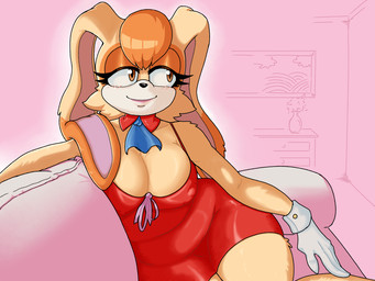andromorph anthro big_breasts breasts brown_eyeshadow clothing dipstick_ears dress ear_markings female floppy_ears fur gloves handwear huge_breasts intersex long_ears markings multicolored_ears orange_body orange_eyes orange_fur red_clothing red_dress smile solo 0zi sega sonic_the_hedgehog_(series) vanilla_the_rabbit animal_humanoid humanoid lagomorph lagomorph_humanoid leporid leporid_humanoid mammal mammal_humanoid rabbit_humanoid hi_res