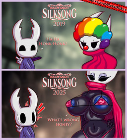 2_horns ambiguous_gender areola areola_slip big_breasts black_breasts black_eyes black_text blue_areola breasts cloak clothing clown_nose dialogue duo empty_eyes exclamation_point eyelashes eyeshadow female fingers gesture hand_gesture hand_on_hip horn makeup melee_weapon motion_lines nail_(weapon) nipple_outline pointing pointing_at_another question_mark red_clothing text weapon weapon_on_back lordmaksmiks hollow_knight:_silksong hollow_knight_(franchise) team_cherry hornet_(hollow_knight) the_knight_(hollow_knight) arthropod vessel_(species) 2026 absurd_res artist_name english_text hi_res half_sister_(lore) sibling_(lore) sister_(lore)