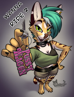 anthro belt big_ears big_nose bottomwear bra choker clothing denim denim_bottomwear denim_clothing denim_shorts ear_piercing female green_eyes green_hair hair jewelry key keychain looking_at_viewer markings necklace piercing shirt shorts solo spots spotted_body t-shirt text topwear underwear warest kill_bill hannah_(warest) felid feline mammal serval hi_res