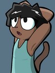 2018 anthro armpit_fetish black_hair blue_clothing blue_shirt blue_tank_top blue_topwear brown_body brown_fur clothing colors!_3d_(artwork) digital_media_(artwork) domestic_cat felid feline felis female fur grey_background hair hands_behind_head looking_up low_res mammal mira_(target_miss) open_mouth pink_nose pupils shirt simple_background solo tachitamachi tank_top target_miss topwear young young_anthro young_female
