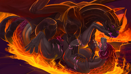 arm_grab balls battle bodily_fluids cave claws coiled_tails entwined_tails fangs female fight genitals horn knot lava lava_bath lava_pool leg_on_thigh licking licking_lips licking_own_lips looking_at_viewer male male/female monster_girl_(genre) open_mouth open_smile paws penis pink_eyes pinned pinned_to_ground purple_eyes rosegold saliva saliva_string sex smile soul tail tail_coil teeth thick_thighs tongue tongue_out translucent turf_war wide_hips wings sajik capcom monster_hunter mythology haloren rosegold_aphrodite dragon elder_dragon entity goo_creature kulve_taroth mythological_creature mythological_scalie scalie 16:9 4k absurd_res hi_res widescreen