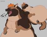 ambiguous_gender belly big_belly brown_body brown_eyes brown_fur burping claws eyes_closed eyewear feral fur glasses glistening glistening_eyes grey_background grey_nose hair huge_belly licking licking_lips licking_own_lips lying neck_bulge on_back open_mouth orange_hair simple_background solo tan_body tan_fur tongue tongue_out white_claws roobin canid canine mammal hi_res