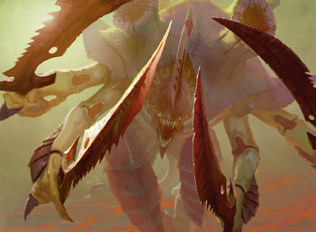 ambiguous_gender cheek_window exoskeleton holding_melee_weapon holding_object holding_sword holding_weapon looking_at_viewer melee_weapon multi_arm multi_limb open_mouth purple_body purple_exoskeleton sharp_teeth simple_background standing sword tail teeth weapon david_auden_nash hasbro magic:_the_gathering warhammer_(franchise) warhammer_40000 wizards_of_the_coast swarmlord tyranid 2022 official_art
