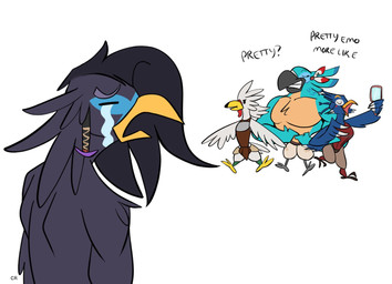 accessory anthro avian_feet beak black_body black_feathers black_hair blue_body blue_feathers blue_markings bodily_fluids brown_clothing brown_topwear chest_tuft clothing countershading crying dialogue eyes_closed feathers grey_body grey_clothing grey_feathers grey_topwear grin group hair hair_accessory hair_over_eye hind_toe long_hair male markings mirror muscular muscular_anthro muscular_male one_eye_obstructed open_beak open_mouth pecs sad simple_background smile solo_focus tan_body tan_feathers tears teeth text topwear tuft white_background white_body white_feathers connivingrat breath_of_the_wild nintendo the_legend_of_zelda harth_(tloz) kass_(tloz) revali teba_(tloz) avian rito 2020 english_text hi_res