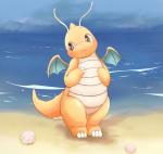 beach blush looking_away nervous outside sea seashell seaside shell sky solo standing water wet wings yellow_body yellow_skin mei_(artist) nintendo pokemon dragonite generation_1_pokemon pokemon_(species) 2014