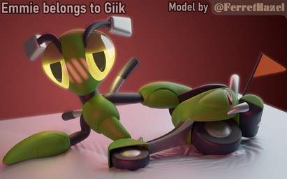 ambiguous_gender bed bed_sheet bedding blush furniture green_body headlight_eyes inviting_viewer looking_at_viewer lying lying_on_bed machine moped on_bed solo suggestive_pose text tire vehicle yellow_sclera ferrethazel emmie_(giik) arthropod insect living_machine mantis 3d_(artwork) digital_media_(artwork) english_text hi_res nonbinary_(lore)