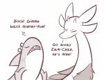 angry bow_(feature) dialogue duo female feral fin fur jealous profanity simple_background teeth text white_background theartmanor capcom monster_hunter mythology amphibian_(mh) dragon fish leviathan_(mh) marine mizutsune mythological_creature mythological_scalie scalie zamtrios english_text hi_res