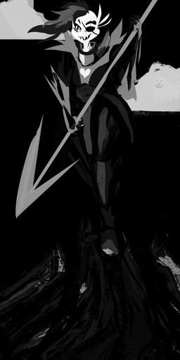 biped dark female front_view heart_symbol holding_object holding_weapon melee_weapon outside polearm solo spear standing weapon dirtyscoundrel undertale undertale_(series) undyne animal_humanoid aquatic aquatic_humanoid fish fish_humanoid humanoid 2015 hi_res monochrome
