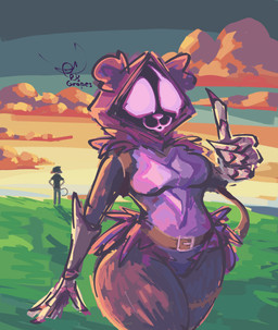 ambiguous_gender anthro belly belt breasts clothing cloud duo female female_focus hands_on_hips medium_breasts outside pink_eyes purple_body solo_focus sunset thick_thighs wide_hips rik_grape epic_games fortnite meow_skulls raven_team_leader bear felid feline mammal absurd_res hi_res