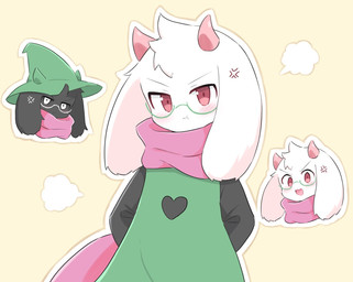 2_horns anthro black_body black_fur black_sleeves blush clothing cross-popping_vein eyewear fur glasses green_clothing green_eyewear green_glasses green_topwear heart_clothing heart_symbol horn male pink_eyes pink_horn solo topwear white_body white_fur soken_unison deltarune undertale_(series) ralsei bovid caprine goat mammal 2026 hi_res multiple_images