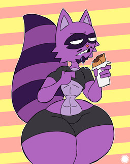 4_fingers abs anthro belly bodily_fluids bottomwear burrito cheek_tuft clothed clothing clothing_lift countershade_belly countershading crop_top curvy_figure facial_hair facial_markings facial_tuft fangs femboy fingers food fur goatee head_markings heart_nose heart_symbol holding_food holding_object logo looking_at_viewer male markings mask_(marking) midriff mustache presenting_abs purple_body purple_fur saliva saliva_string shirt shirt_lift shorts small_waist solo striped_markings striped_tail stripes tail tail_markings teeth text thick_thighs topwear tuft wide_hips thatdawgmurray happy_tree_friends lorenzo_(subzerowizardo) mammal procyonid raccoon aliasing artist_logo artist_name digital_media_(artwork) hi_res signature