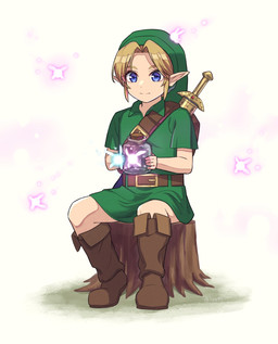 blonde_hair blue_eyes boots bottle clothing container footwear hair humanoid_pointy_ears light_body light_skin male not_furry pointy_ears shoes simple_background sitting smile tree_stump wings liyu47 nintendo ocarina_of_time the_legend_of_zelda navi young_link elf fairy humanoid hylian hi_res