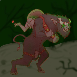 anthro ball_tuft balls black_sclera butt flaccid genitals green_eyes harness holidays horn kidnapping male male/male outside penis tail tuft lilyeener christmas krampus bovid caprine caprine_demon demon goat_demon mammal 1:1 hi_res