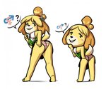 anthro big_butt blush blush_stickers breasts butt clothed clothing female fur hair hand_on_butt looking_at_viewer looking_back open_mouth panties presenting presenting_hindquarters question_mark simple_background smile solo standing teeth thick_thighs tongue underwear white_background wide_hips yellow_body yellow_fur bluebun animal_crossing nintendo isabelle_(animal_crossing) canid canine canis domestic_dog mammal shih_tzu toy_dog