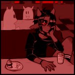 anthro black_border border bracelet choker diner freckled_face freckles hair hair_over_eye hand_on_face jewelry male necklace restaurant solo_focus dondon don_(dondon) bovid caprine demon goat humanoid mammal 1:1 2022 red_theme