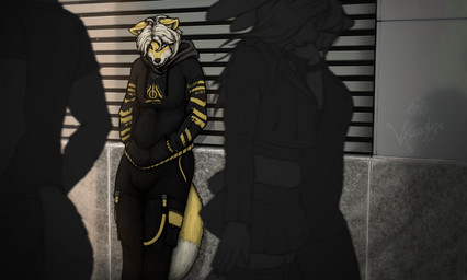 anthro blush bulge cheek_blush clothed clothing concealing_penis crowd erection erection_under_clothing group holding_bulge male nervous sidewalk solo unwanted_erection vxserenade zylvan_celestion canid canine fox mammal absurd_res hi_res