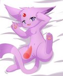 animal_genitalia animal_penis bed bedding bedding_background disembodied_penis erection female feral fur furniture genitals looking_at_viewer lying male navel nude on_bed pawpads paws penis pink_body pink_fur purple_eyes pussy solo kryztar nintendo pokemon eeveelution espeon generation_2_pokemon pokemon_(species) digital_media_(artwork) hi_res shaded