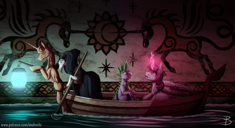 boat feathered_wings feathers female feral glowing group horn lamp lantern male river spikes spikes_(anatomy) text vehicle water watercraft wings inuhoshi-to-darkpen friendship_is_magic hasbro my_little_pony mythology spike_(mlp) twilight_sparkle_(mlp) dragon equid equine mammal mythological_creature mythological_equine mythological_scalie scalie winged_unicorn 2019 hi_res url