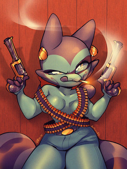 4_fingers anthro bandolier blue_body blue_fur bottomwear breasts cigarette cigarette_in_mouth clothed clothed_anthro clothed_female clothing female fingers fur gun handgun humanoid_hands markings medium_breasts object_in_mouth ranged_weapon revolver ring_(marking) ringed_tail solo striped_markings striped_tail stripes tail tail_markings tongue tongue_out weapon squiderdoodle cazadora_(rentonreverb) mammal procyonid raccoon hi_res