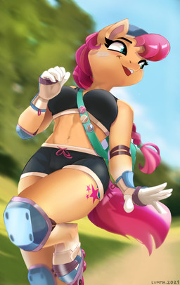 abs anthro athletic athletic_anthro athletic_female athletic_wear band-aid band-aid_on_cheek band-aid_on_face bandage bandage_on_face bottomwear bra braided_hair breasts clothing exercise eyebrows female footwear gym_bottomwear gym_shorts gym_uniform hair happy hooves inline_skates joyful looking_back muscular park plant protective_gear roller_skates shirt shorts sky solo sport sports_bra tank_top topwear tree underwear uniform workout workout_clothing chilllum hasbro mlp_g5 my_little_pony sunny_starscout_(mlp) earth_pony equid equine horse mammal pony digital_media_(artwork) hi_res shaded