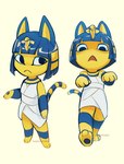 anthro barefoot biped blue_hair clothed clothing egyptian egyptian_clothing feet female front_view fully_clothed hair markings multicolored_body pawpads solo standing striped_markings striped_tail stripes tail tail_markings two_tone_body uraeus yellow_body meow286 animal_crossing nintendo ankha_(animal_crossing) domestic_cat felid feline felis mammal 2020 absurd_res hi_res