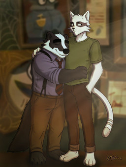 accessory anthro biped black_body black_fur black_nose bottomwear clothing duo fur green_clothing green_shirt green_topwear hug male necktie pants shirt standing topwear white_body white_fur nickdrawing beastly_crimes beastly_crimes_(2024) chief_badger badger domestic_cat felid feline felis mammal mustelid musteline 2026 3:4 hi_res