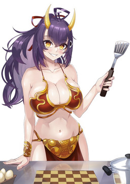 accessory big_breasts bottomwear bra bracelet breasts clothing collarbone cooking_pot costume egg eyebrows eyelashes female glistening glistening_breasts hair hair_accessory hair_ribbon horn jewelry loincloth navel not_furry purple_hair ribbons slave_leia_costume smile solo spatula tools underwear yellow_eyes cahryos asian_mythology east_asian_mythology japanese_mythology mythology star_wars vtuber onigiri_(vtuber) demon humanoid oni yokai 2025 hi_res