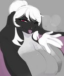 anthro big_breasts black_body black_fur blep bodily_fluids breasts female fur grey_body grey_fur hair looking_at_viewer one_eye_closed purple_eyes saliva saliva_on_tongue solo tongue tongue_out white_hair wink lvlirror ashley_(huf13) domestic_rabbit lagomorph leporid lop_rabbit mammal oryctolagus rabbit bust_portrait hi_res portrait