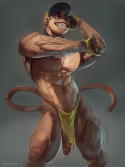 abs anthro big_penis bottomwear clothing crotch_apron erection flaccid genitals gloves grin handwear hat headgear headwear humanoid_genitalia humanoid_hands humanoid_penis ineffective_clothing ineffective_loincloth loincloth male manly mostly_nude muscular muscular_anthro muscular_male pecs penis simple_background smile smiling_at_viewer solo tail teeth sleepymute calvin_(sleepymute) haplorhine mammal monkey primate 2021 3:4 digital_drawing_(artwork) digital_media_(artwork) hi_res portrait three-quarter_portrait