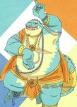 anthro belly blue_body blue_scales gold_(metal) gold_jewelry indian_clothing jewelry male moobs necklace one_eye_closed overweight overweight_anthro overweight_male scales solo standing wink rentcg lifewonders tokyo_afterschool_summoners makara_(tas) crocodile crocodilian reptile scalie hi_res portrait three-quarter_portrait