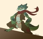 anthro bandage bottomwear chaps clothing female front_view green_body green_eyes green_scales leg_on_table looking_at_viewer scales scarf simple_background solo standing topwear vest goolee ramirez_(w4g4) kobold reptile scalie digital_media_(artwork) hi_res