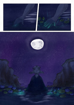 5_fingers ambiguous_gender anthro biped black_body clothed clothing eyes_closed fangs fingers glowing_hands lily_pad magic moon night partially_submerged plant river shirt sky solo star teeth topwear water bjekkergauken imbali_(bjekkergauken) unknown_species 2025 colored comic hi_res